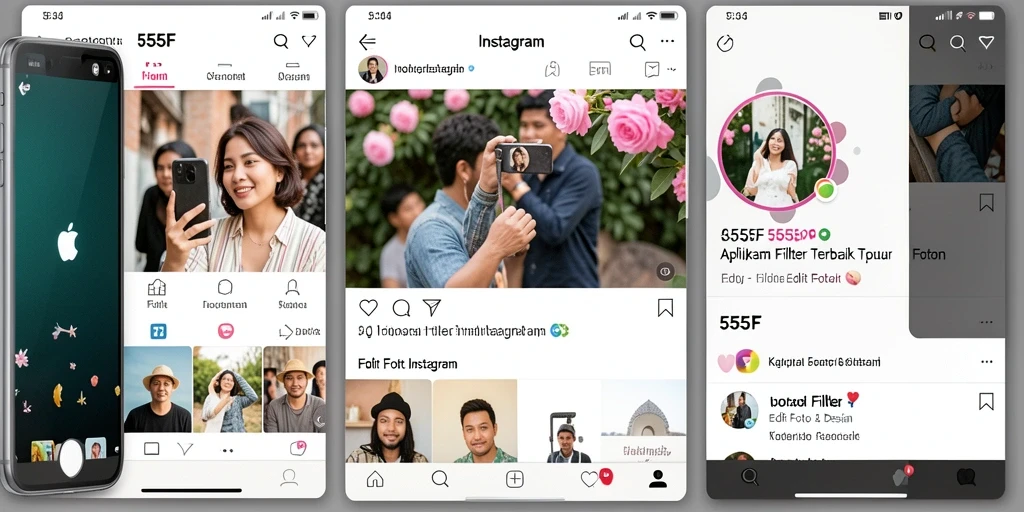 Antarmuka pengguna 555F dengan berbagai filter Instagram yang menarik.