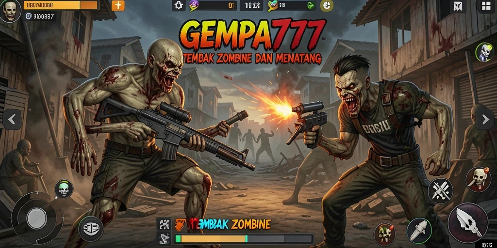 Antarmuka permainan GEMPA777 menampilkan aksi tembak zombie yang mendebarkan.